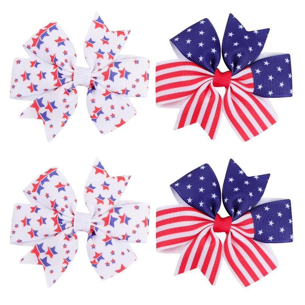 4th of July Grosgrain Ribbon Hair Bow Clips | Patriotic Alligator Clips (4-Pack)