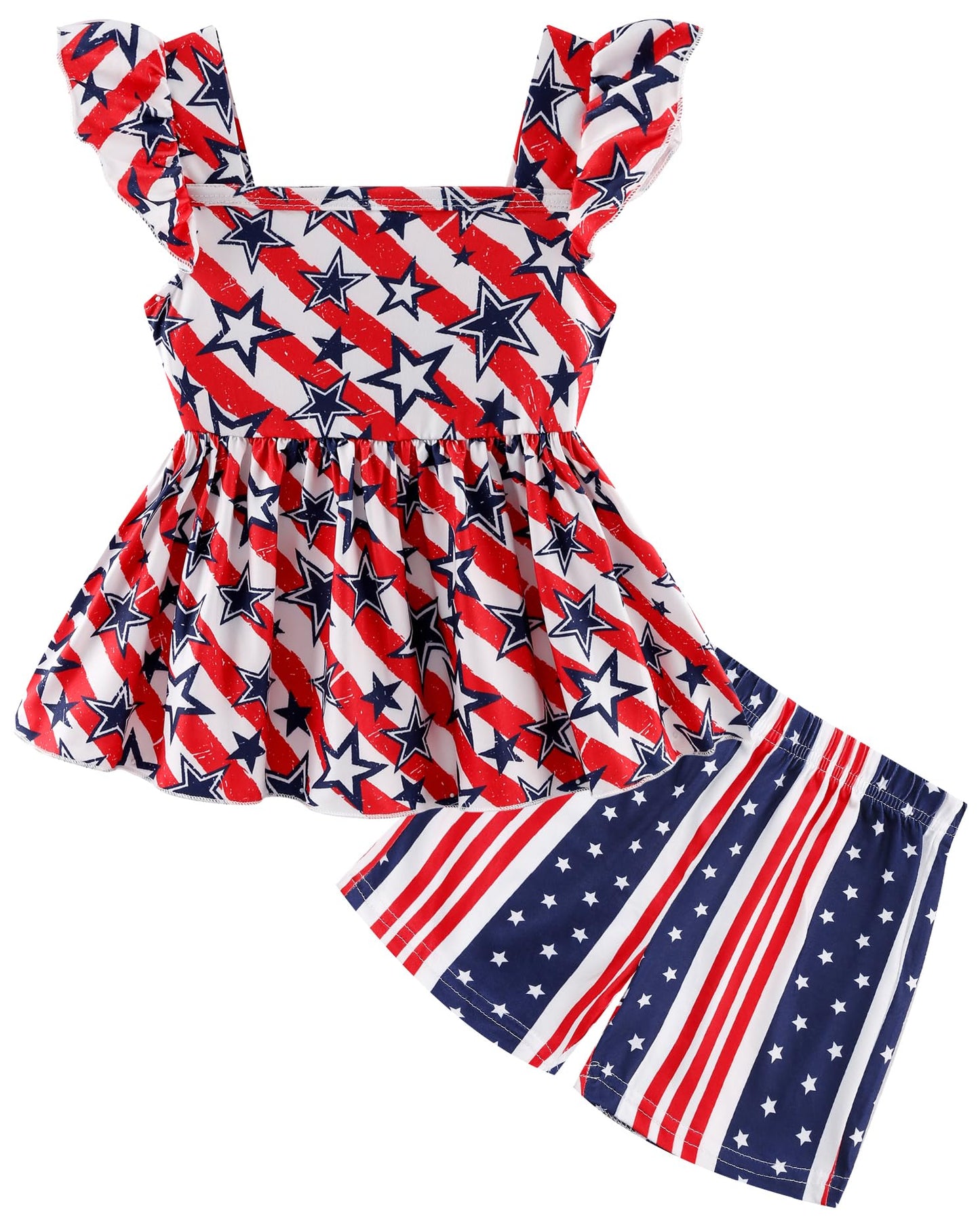 Girls 4th of July 2-Piece Outfit | American Flag Shirt & Stars Shorts Set