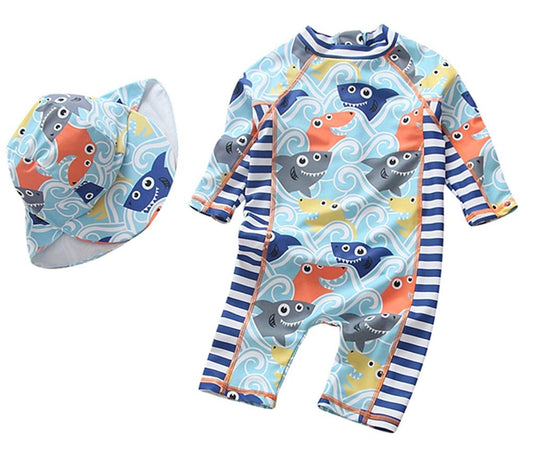Baby Boys Kids Swimsuit One Piece Toddlers Zipper Bathing Suit Swimwear with Hat Rash Guard Surfing Suit UPF 50+ (Shark 4-5T)