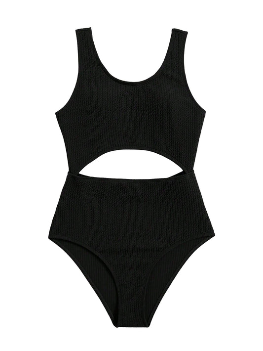 Milumia Girls One Piece Cut Out Rib Knit Swimsuit Textured Bikini Swimsuit Solid Black 10-11Y