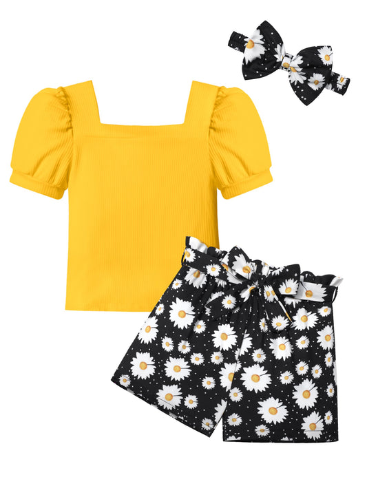 Girls' Square Neck Top & Daisy Shorts Set