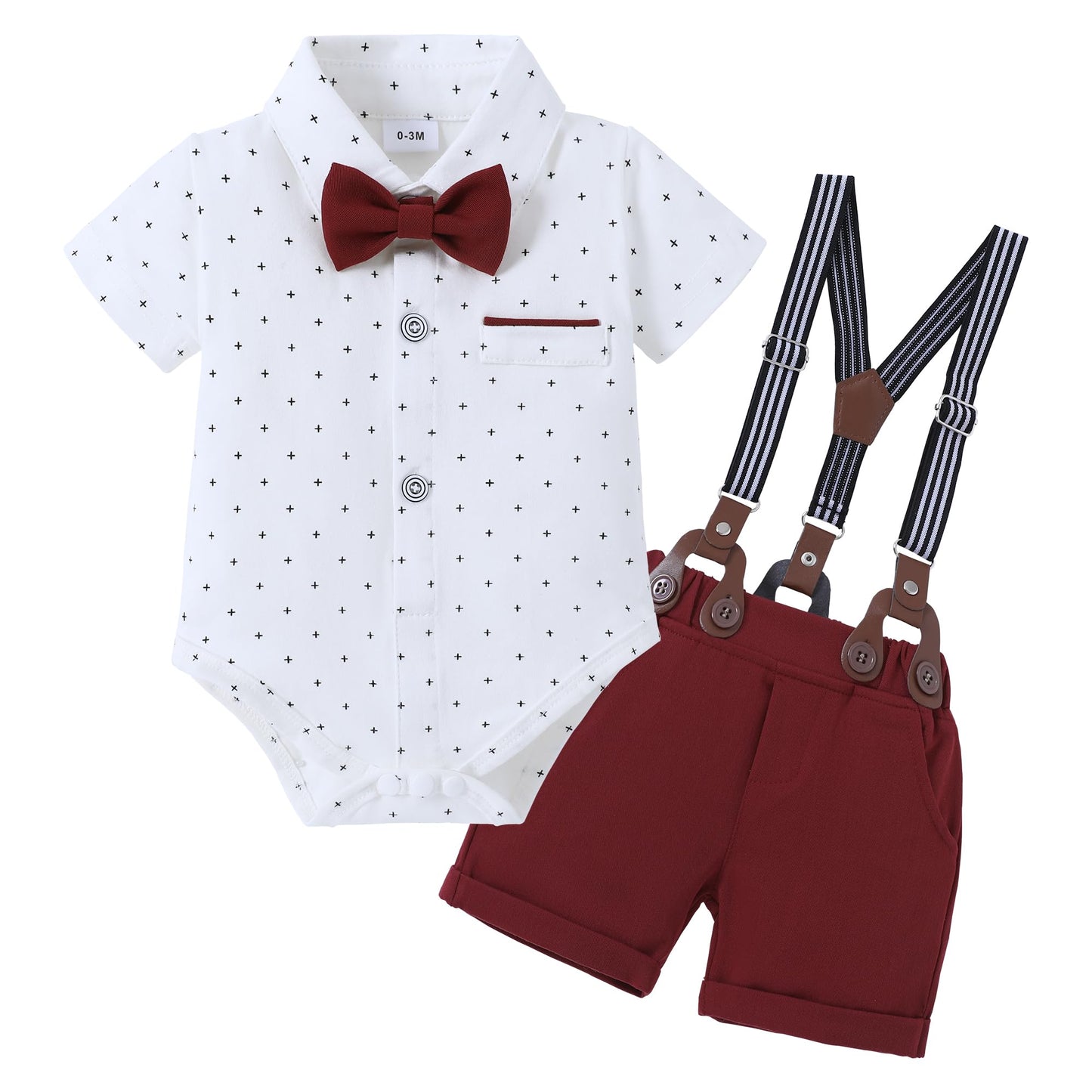 Baby Boy Gentleman Outfit | Short Sleeve Shirt, Bowtie & Suspender Shorts Set (0-18M)
