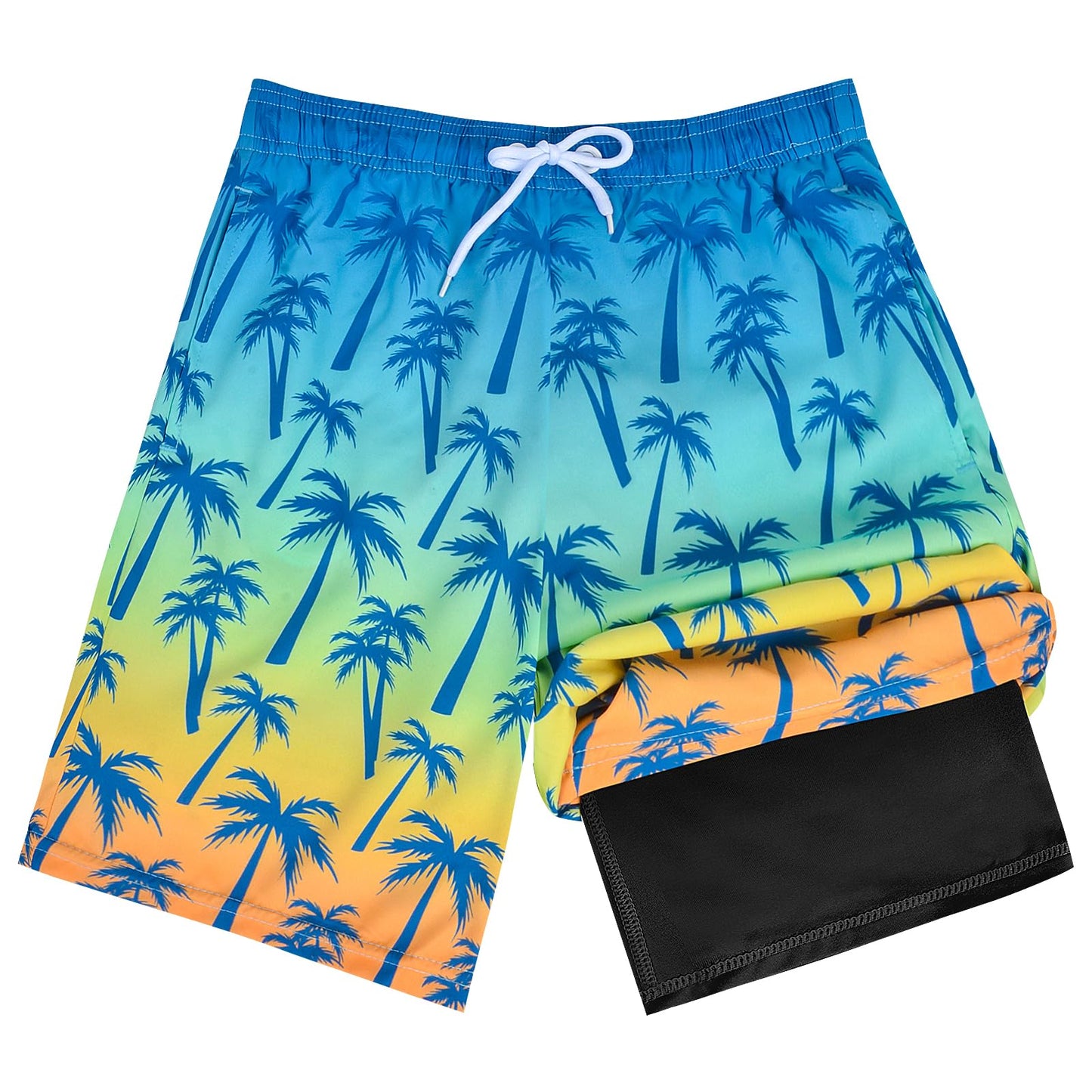 OlyPegic Boys Swim Trunks Size 14-16 Boy Swim Shorts Boy Bathing Suit Swimsuit Kids Swimwear Board Shorts with Boxer Brief Liner Compression Toddler Beach Running Swim Trunks (Coconut Tree)