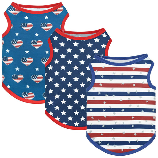 Vehomy 3Pack 4th of July Dog Shirt Clothes American Flag Dog Sleeveless Shirt Stars & Stripes Puppy Tank Top Independence Day Patriotic Dog Vest Shirt Outfit Costume for Small Medium Dogs Cats XS