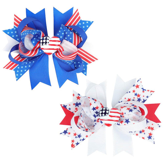 4th of July Hair Bow Clips with Heart Charm | Patriotic Alligator Clips (2-Pack)