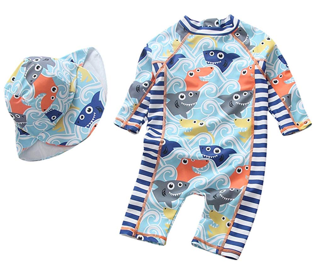 Baby Boys Kids Swimsuit One Piece Toddlers Zipper Bathing Suit Swimwear with Hat Rash Guard Surfing Suit UPF 50+ (Shark 4-5T)