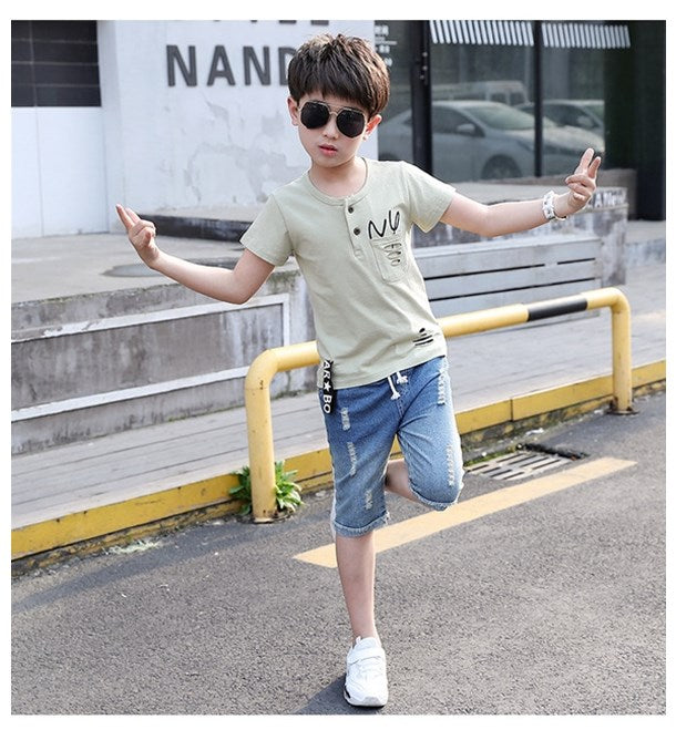Summer Boys' T-Shirt and Denim Shorts Set (2pcs)