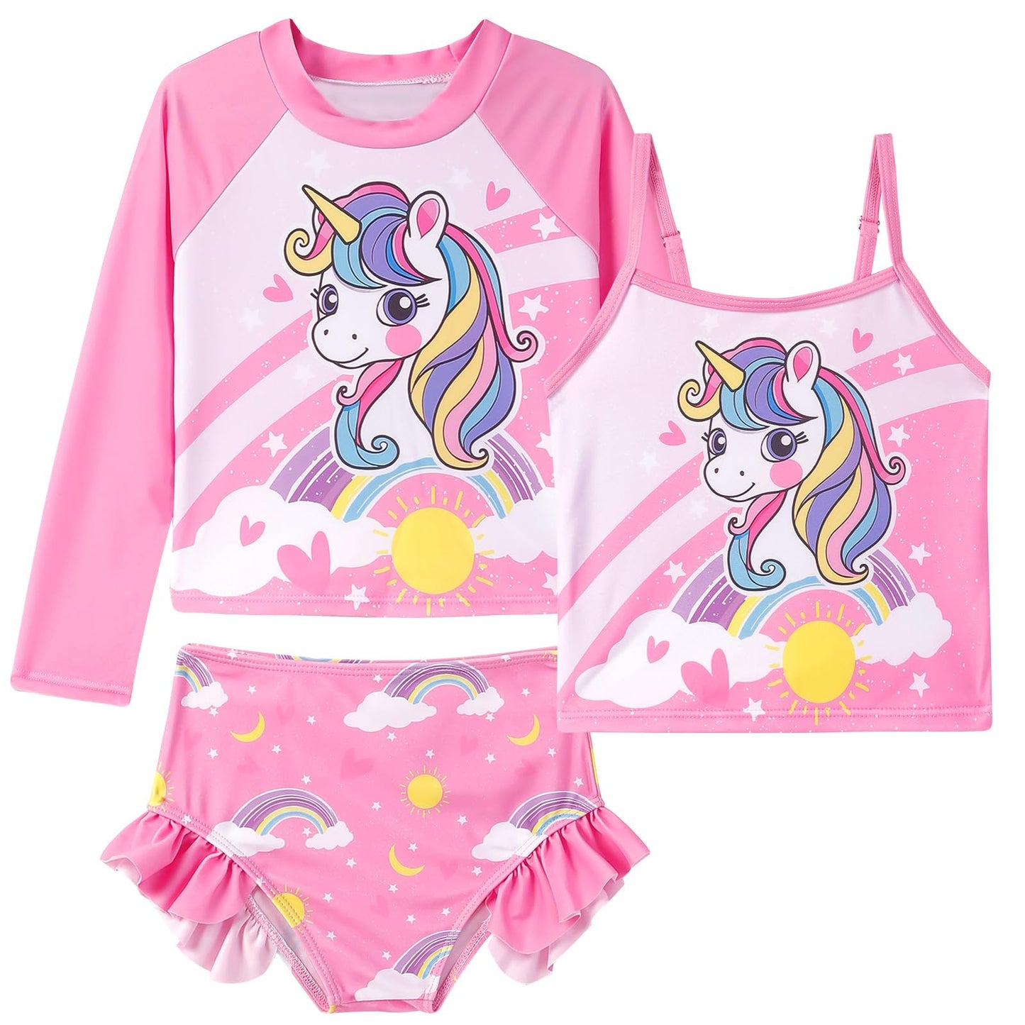 TUPOMAS Girls Swimsuit 3 Piece Bathing Suit Size 5 Little Kids Rash Guard Set 5T Long Sleeve Tankini Swimwear Unicorn