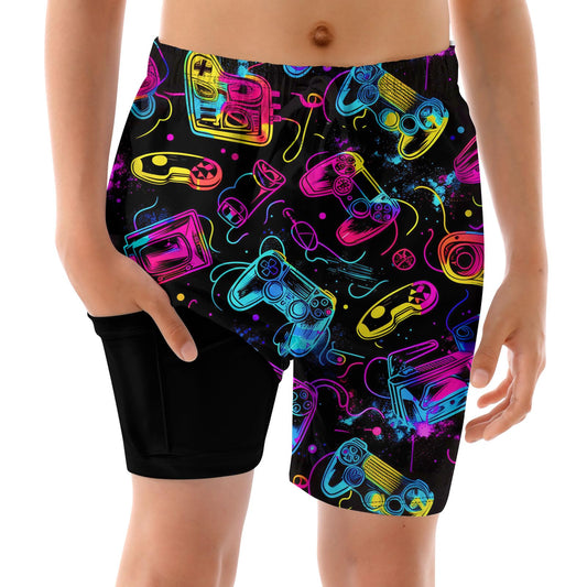 ALISISTER Boys Swim Trunks Size 10-12 Compression Liner Neon Game Big Kids Boxer Briefs Bathing Suit Beach Surfing Summer Swimsuit Quick Dry
